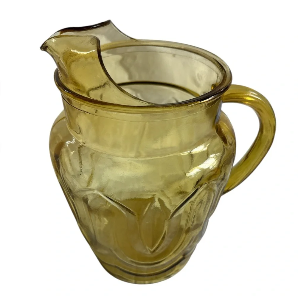 VINTAGE Pitcher Jug MCM Elegant Yellow Glass Patterned Large 9 inch Tall